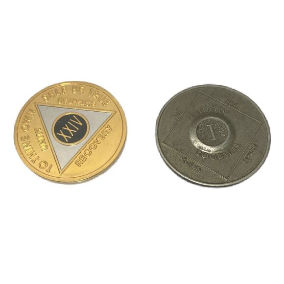 Set Of Two NA Sobriety Coins One 24 Year Is New And One 1 Year Is Older - Picture 1 of 7